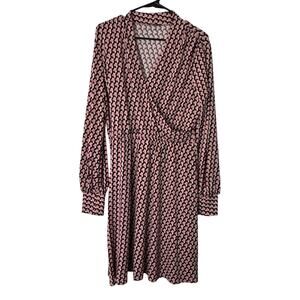 Adrianna Papell Geometric Long Sleeve Wrap Dress 70s Style Size L